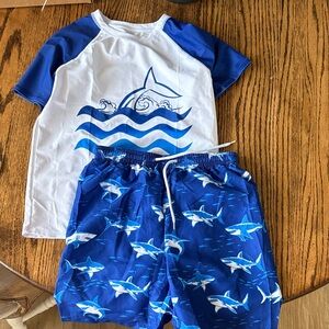 Boy's Blue Shark Rashguard Set - Short Sleeve Swim Top & Swim Shorts
